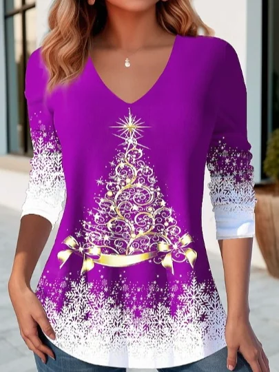 Women's Long Sleeve Blouse Spring/Fall Christmas Hot Drilling Jersey V Neck Daily Going Out Casual Top