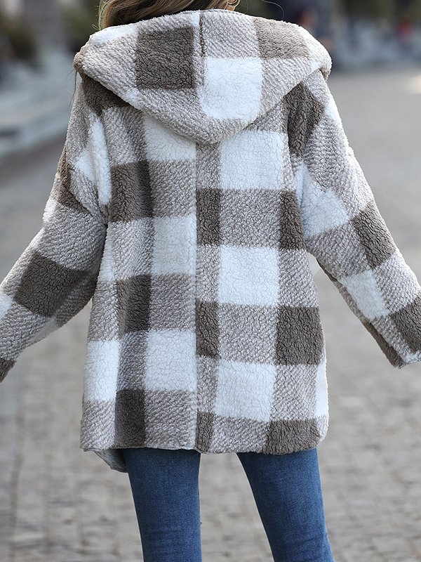 Women's Winter Outerwear Fluff/Granular Fleece Fabric Casual Plaid Long Sleeve Hoodie Fleece Coat