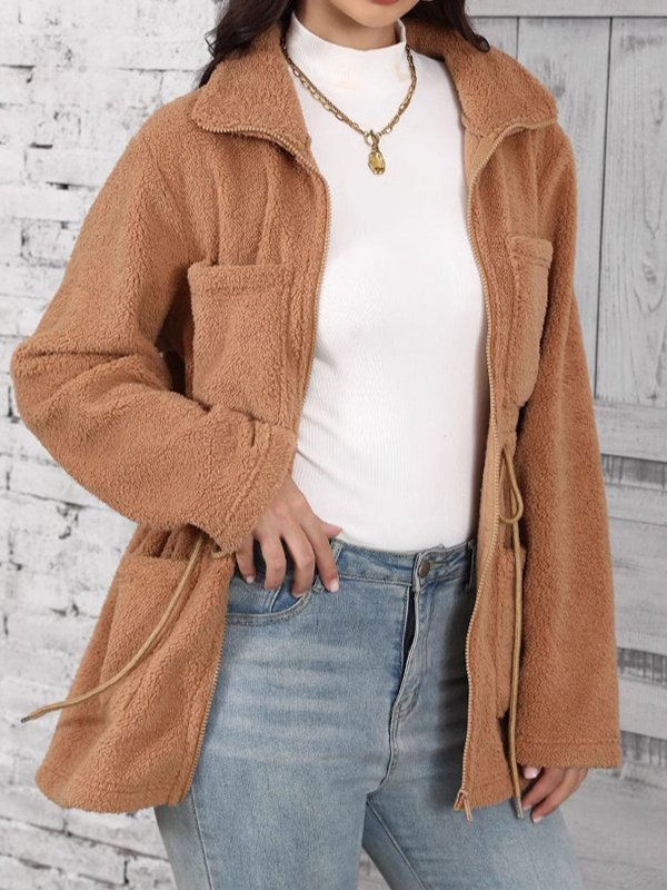 Women's Winter Outerwear Fluff/Granular Fleece Fabric Casual Pocket Stitching Plain Long Sleeve Shawl Collar Fleece Coat