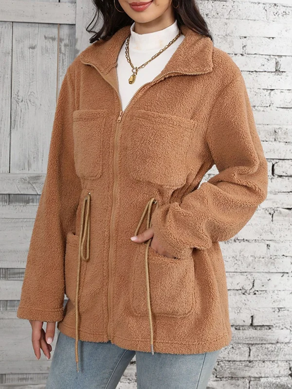 Women's Winter Outerwear Fluff/Granular Fleece Fabric Casual Pocket Stitching Plain Long Sleeve Shawl Collar Fleece Coat