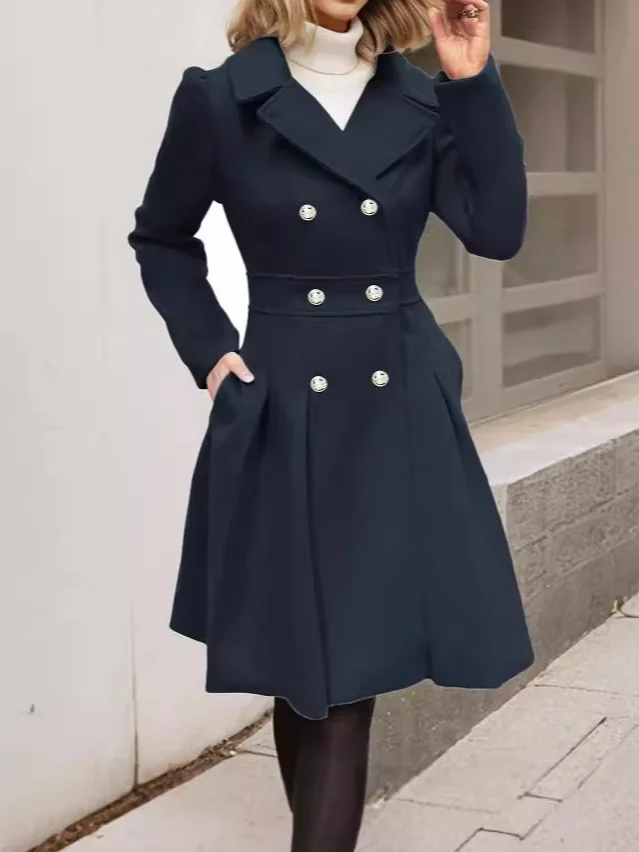 Women's Winter Outerwear Casual Buckle Plain Mid-long Lapel Collar Overcoat