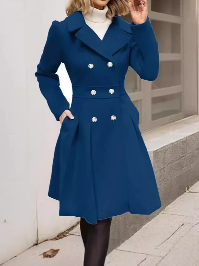 Women's Winter Outerwear Casual Buckle Plain Mid-long Lapel Collar Overcoat