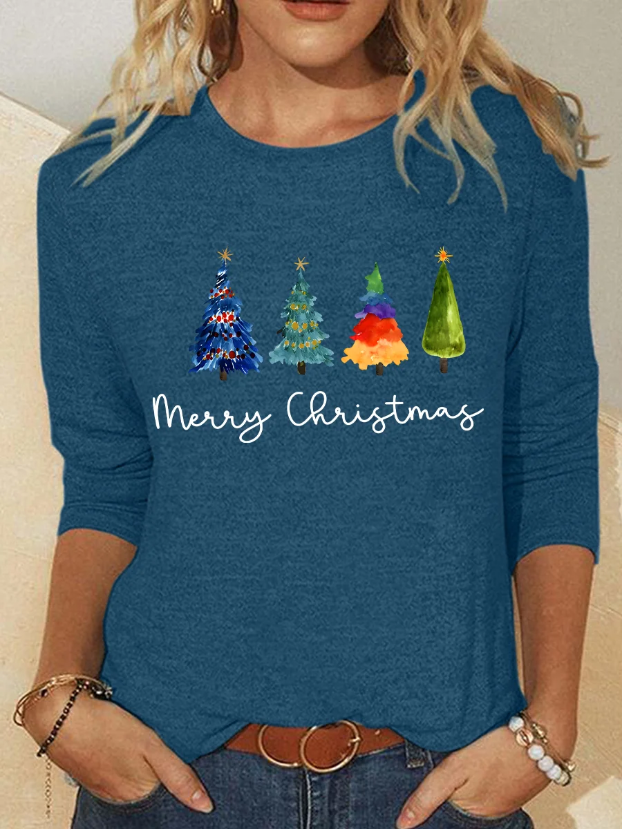 Women's Long Sleeve Blouse Spring/Fall Christmas Tree Cotton-Blend Crew Neck Daily Going Out Casual Top