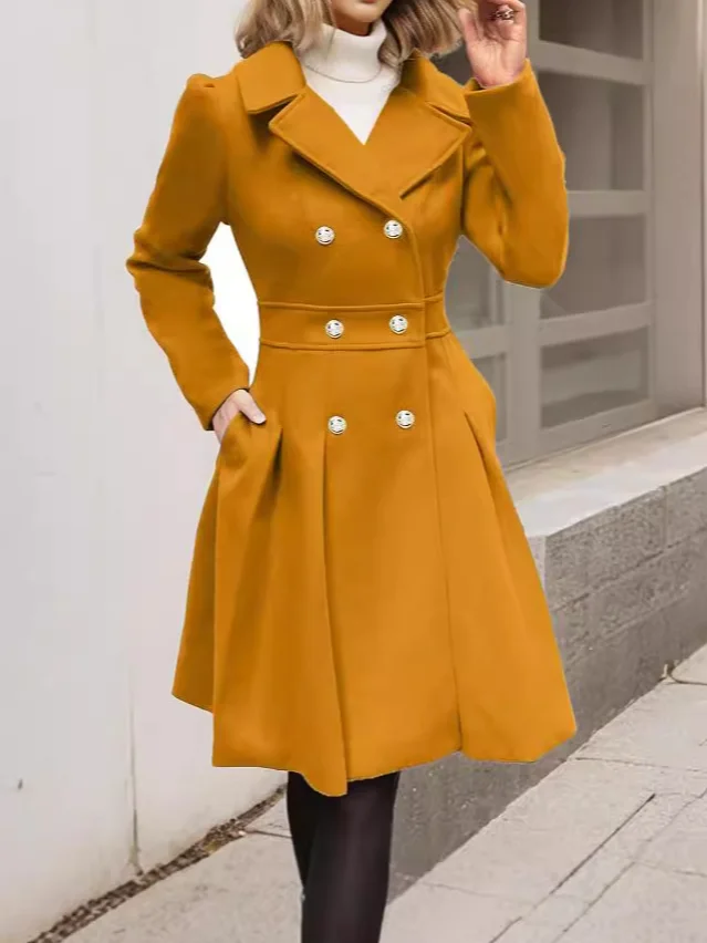 Women's Winter Outerwear Casual Buckle Plain Mid-long Lapel Collar Overcoat