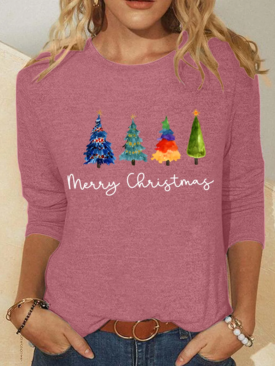 Women's Long Sleeve Blouse Spring/Fall Christmas Tree Cotton-Blend Crew Neck Daily Going Out Casual Top