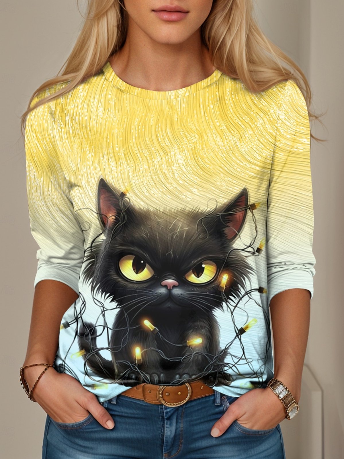 Women's Long Sleeve Tee T-shirt Spring/Fall Cat Printing Jersey Crew Neck Daily Going Out Casual Top