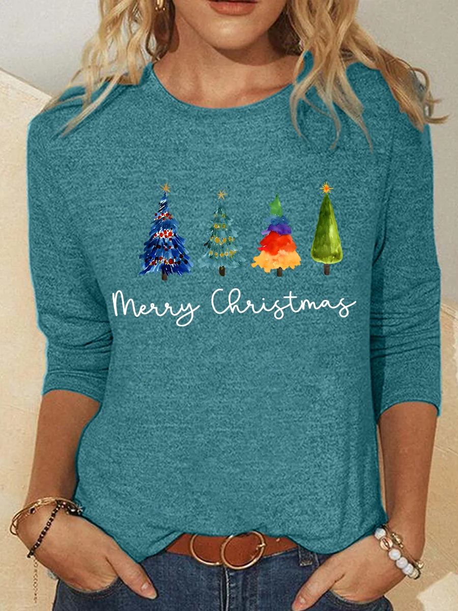 Women's Long Sleeve Blouse Spring/Fall Christmas Tree Cotton-Blend Crew Neck Daily Going Out Casual Top