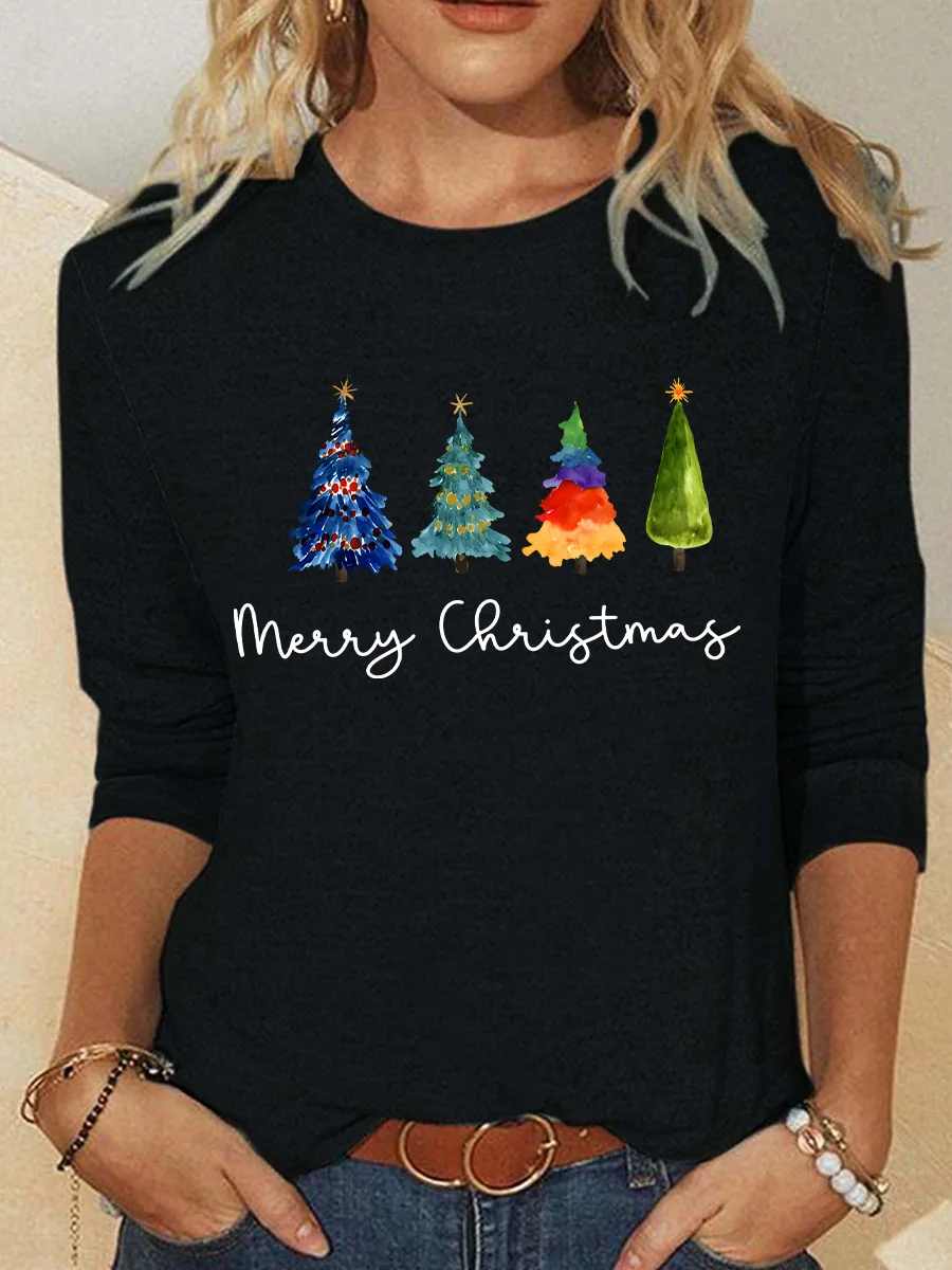 Women's Long Sleeve Blouse Spring/Fall Christmas Tree Cotton-Blend Crew Neck Daily Going Out Casual Top