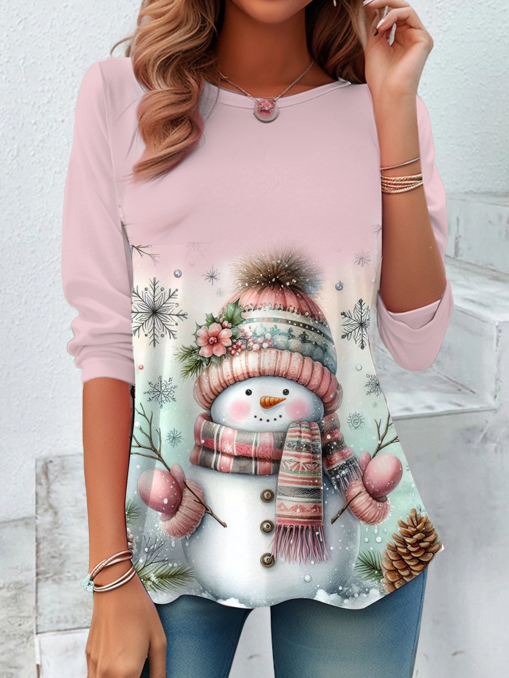 Women's Long Sleeve Tee T-shirt Spring/Fall Christmas Snowman Printing Jersey Crew Neck Holiday Going Out Casual Top