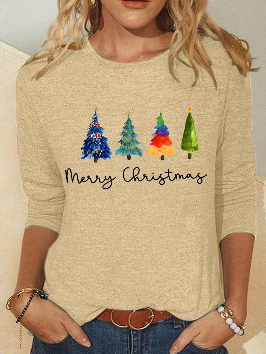 Women's Long Sleeve Blouse Spring/Fall Christmas Tree Cotton-Blend Crew Neck Daily Going Out Casual Top