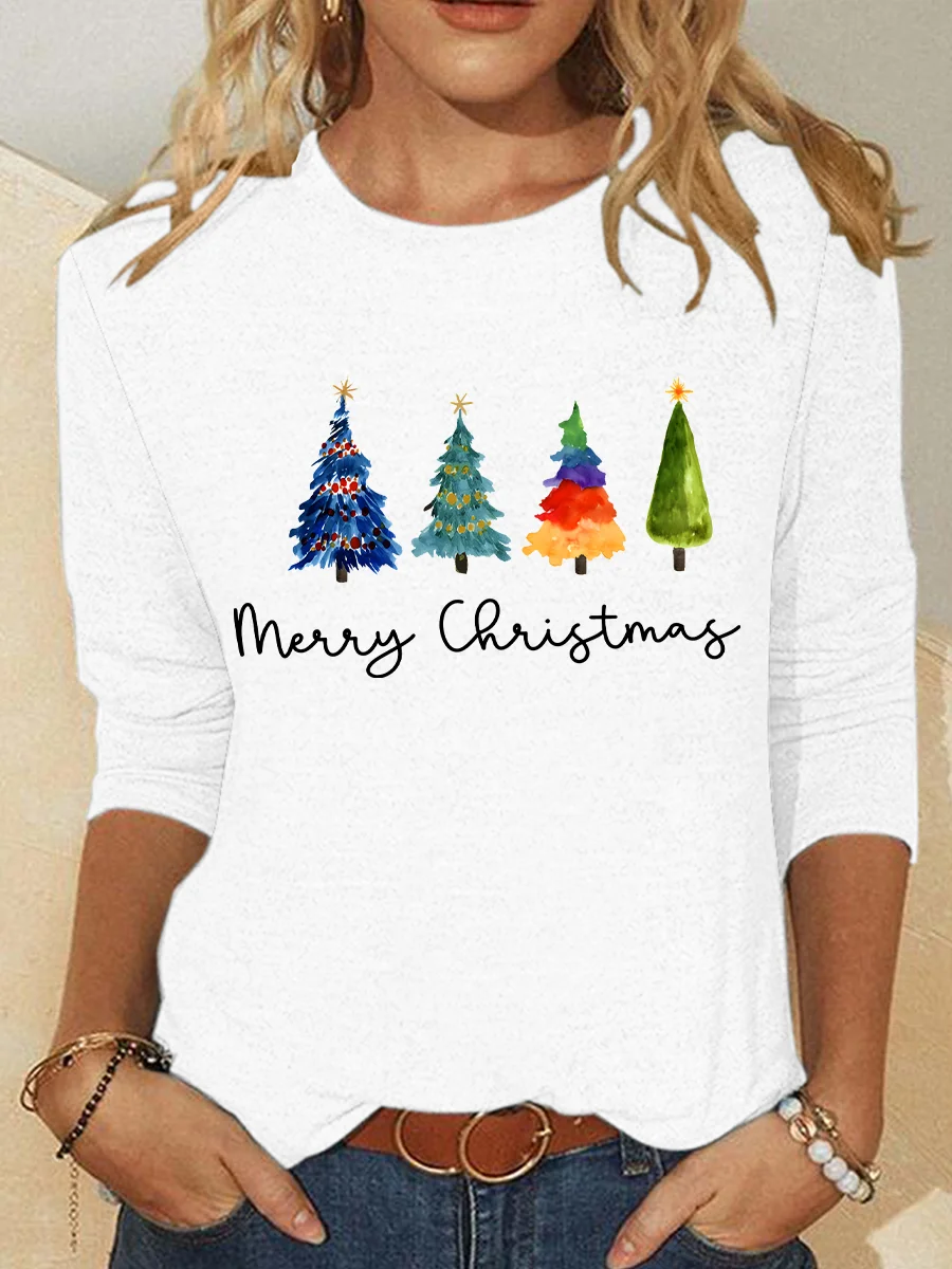 Women's Long Sleeve Blouse Spring/Fall Christmas Tree Cotton-Blend Crew Neck Daily Going Out Casual Top