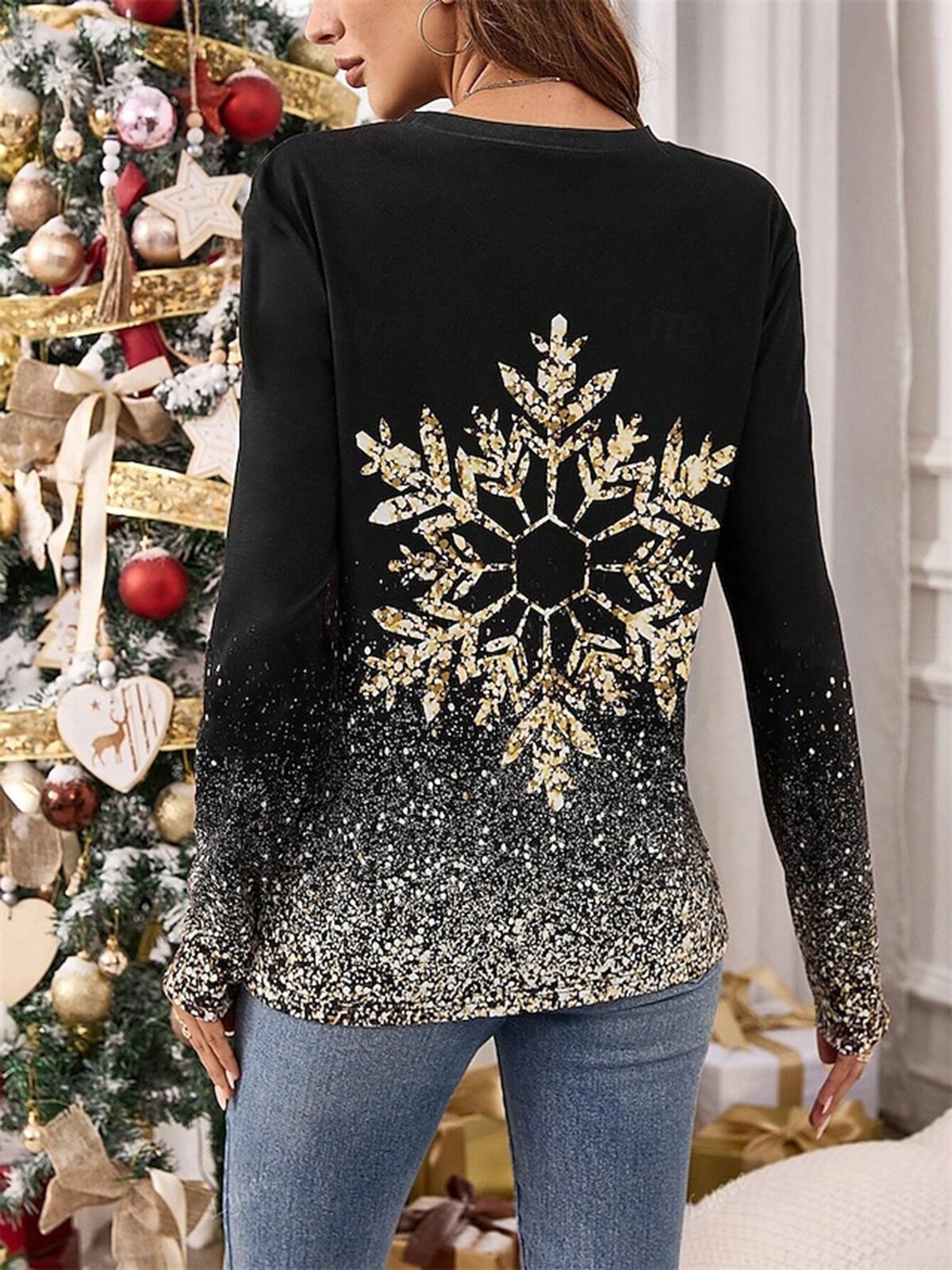 Women's Long Sleeve Tee T-shirt Spring/Fall Christmas Snowman Printing Jersey Crew Neck Holiday Going Out Casual Top