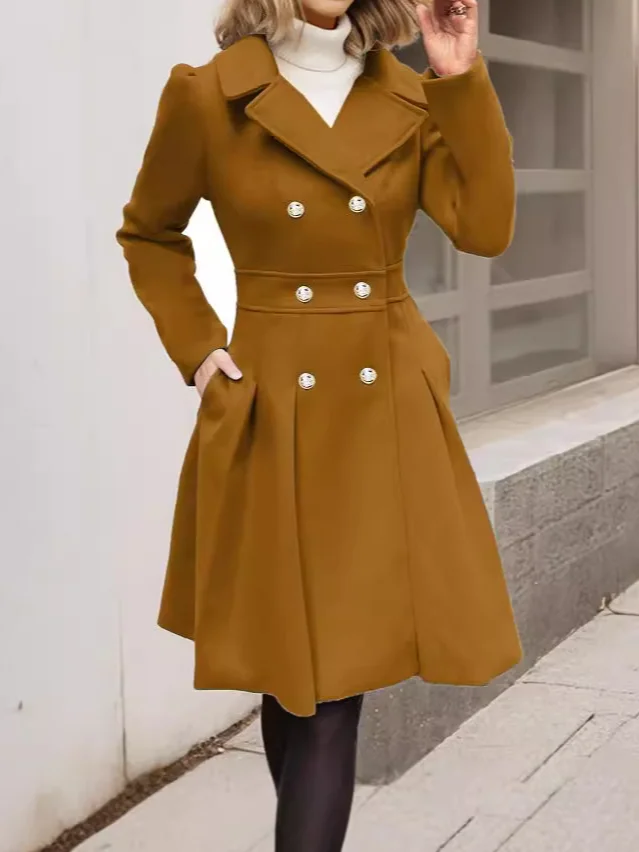 Women's Winter Outerwear Casual Buckle Plain Mid-long Lapel Collar Overcoat