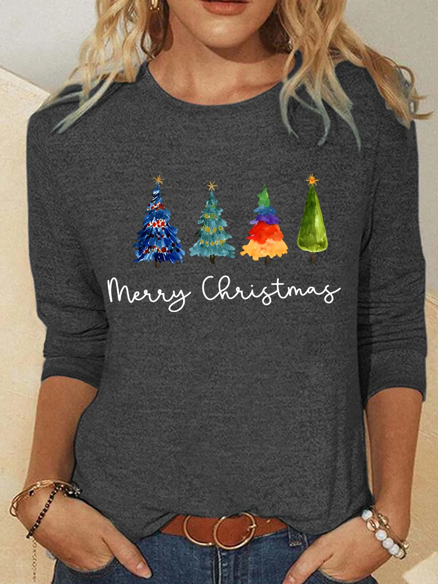 Women's Long Sleeve Blouse Spring/Fall Christmas Tree Cotton-Blend Crew Neck Daily Going Out Casual Top