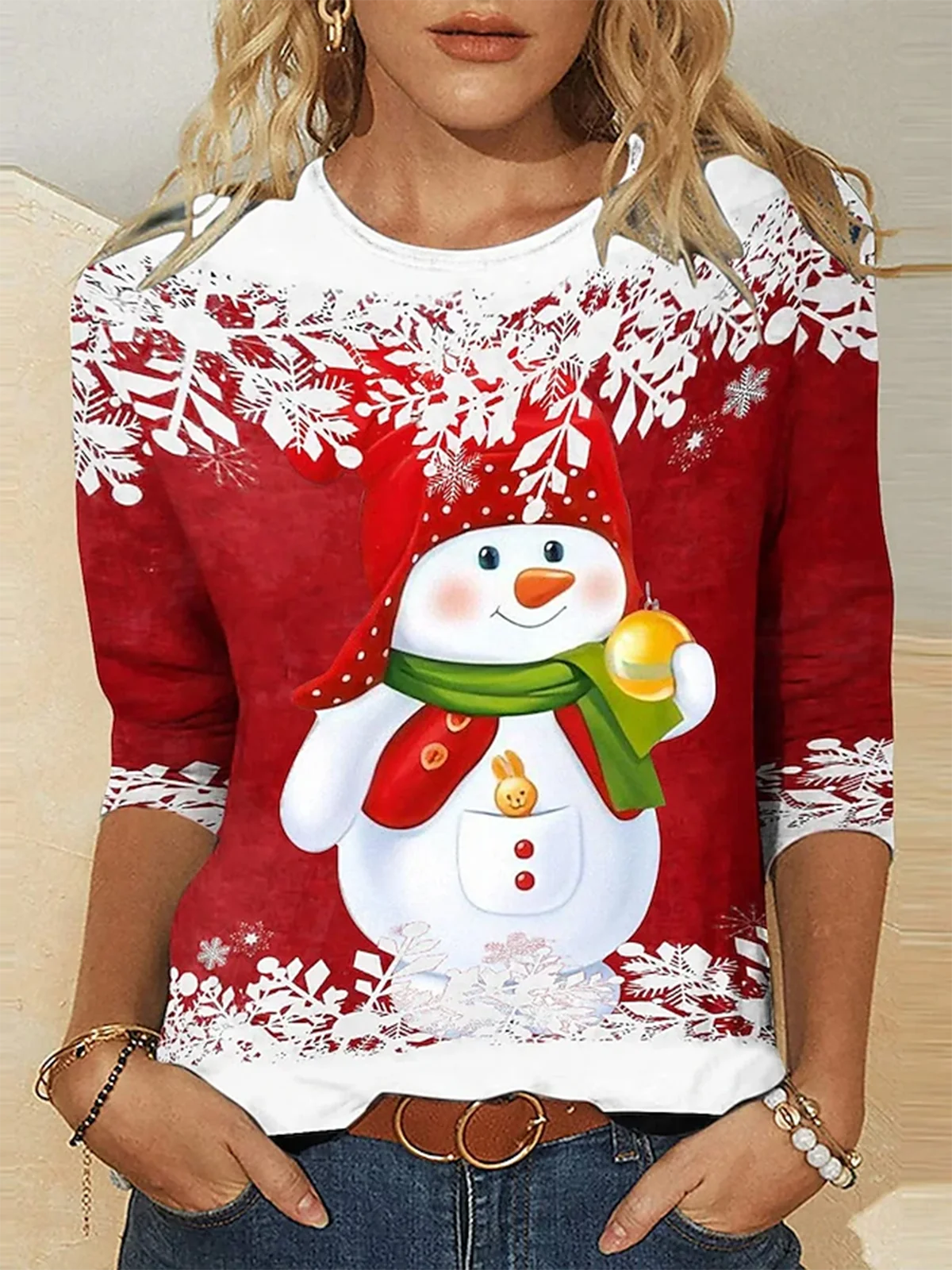 Women's Long Sleeve Tee T-shirt Spring/Fall Christmas Snowman Printing Jersey Crew Neck Holiday Going Out Casual Top