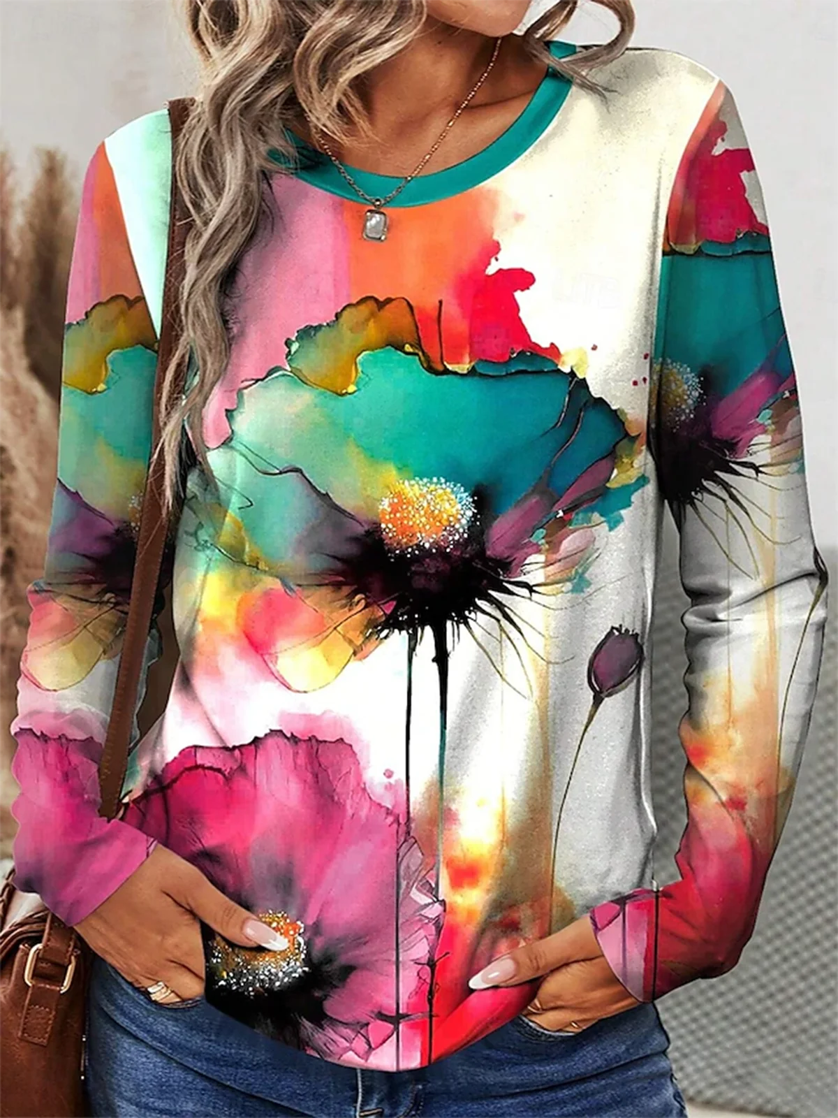 Women's Long Sleeve Tee T-shirt Spring/Fall Floral Printing Jersey Crew Neck Daily Going Out Casual Top