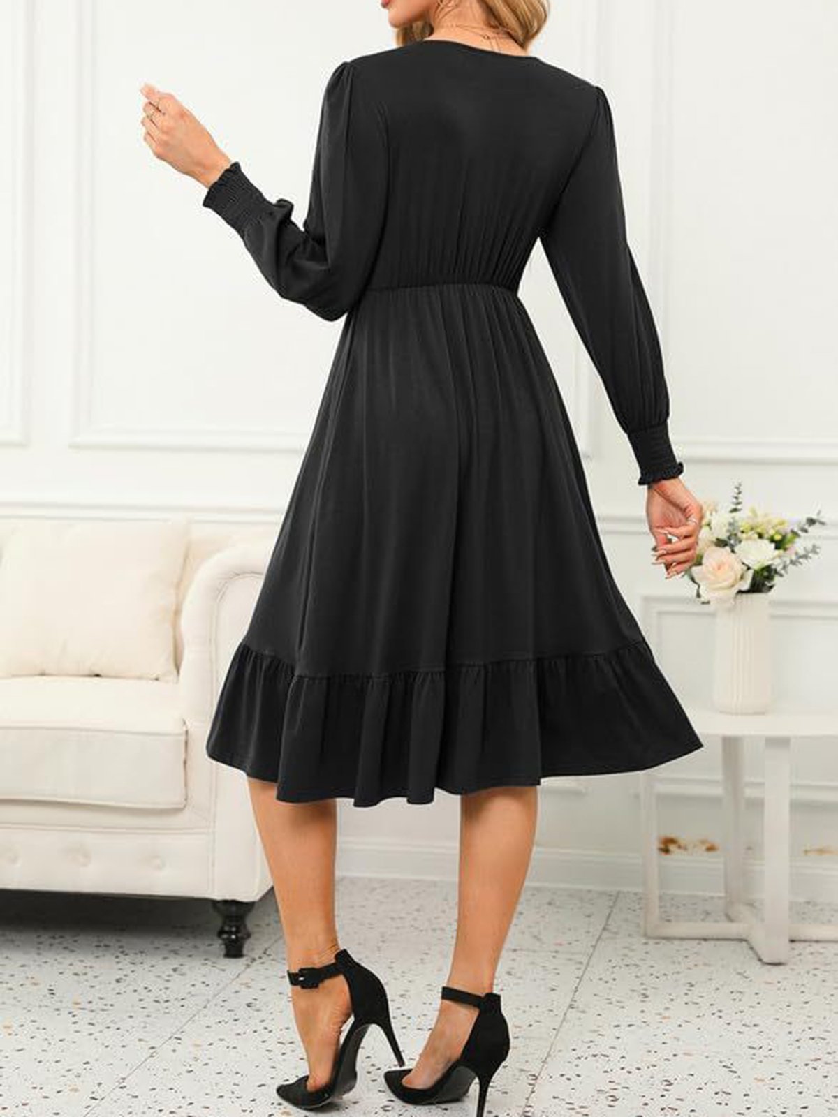 Women's Long Sleeve Spring/Fall Plain Dress V Neck Daily Going Out Casual Midi H-Line