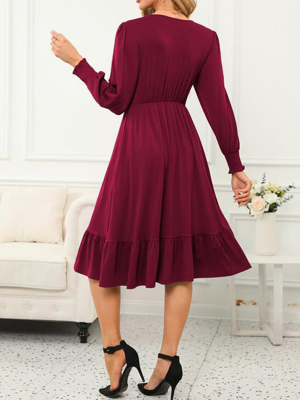 Women's Long Sleeve Spring/Fall Plain Dress V Neck Daily Going Out Casual Midi H-Line