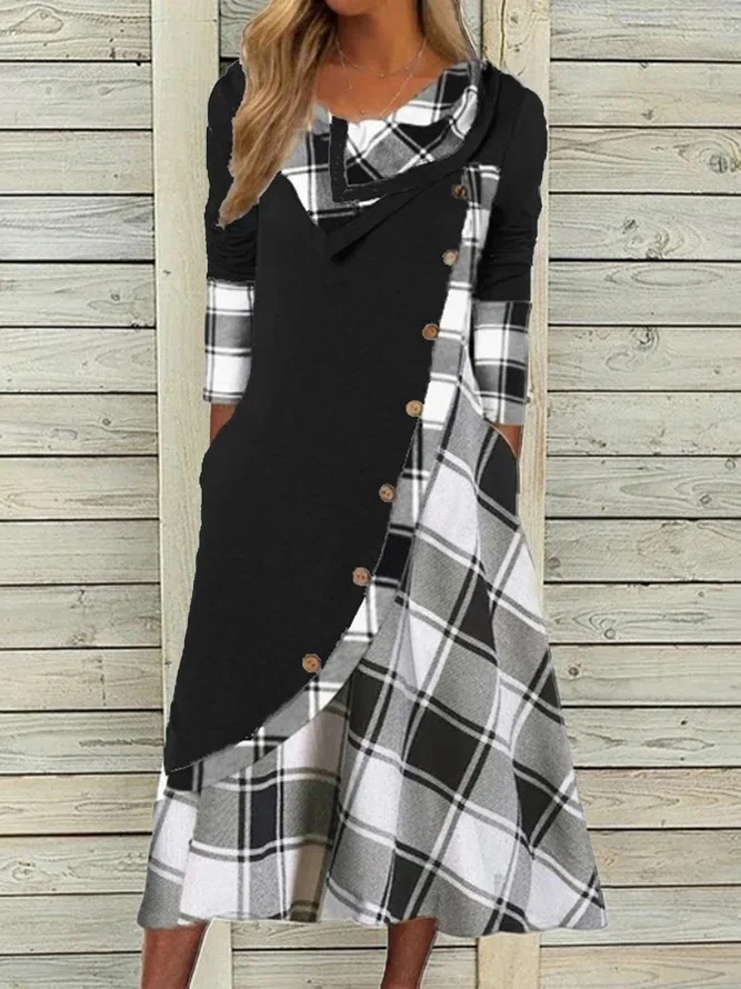 Women's Long Sleeve Spring/Fall Plaid Dress Daily Going Out Casual Maxi A-Line