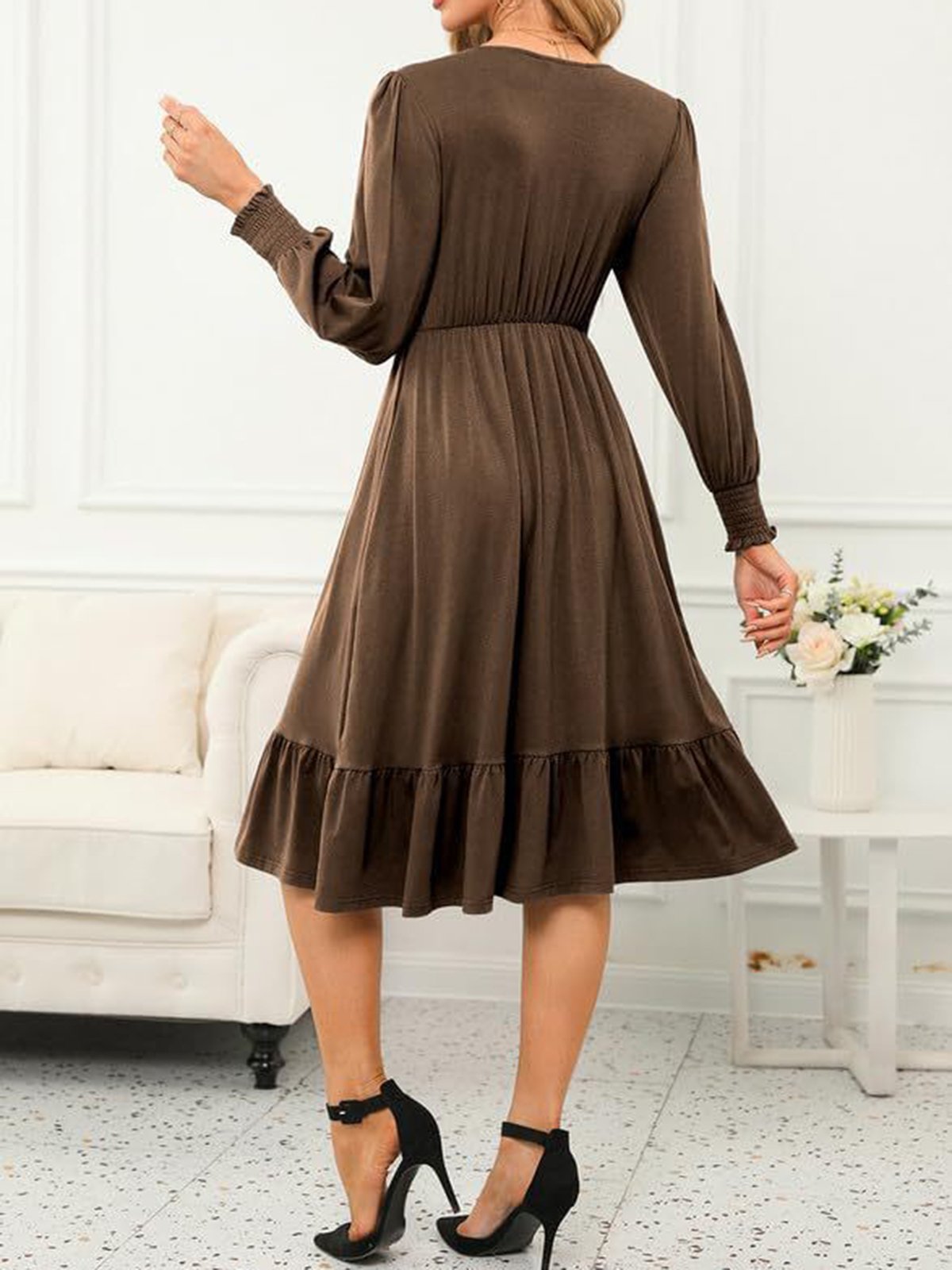 Women's Long Sleeve Spring/Fall Plain Dress V Neck Daily Going Out Casual Midi H-Line