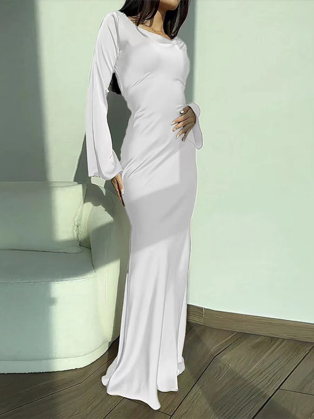 Women's Long Sleeve Summer Plain Dress Crew Neck Holiday Going Out Elegant Floor Length X-Line