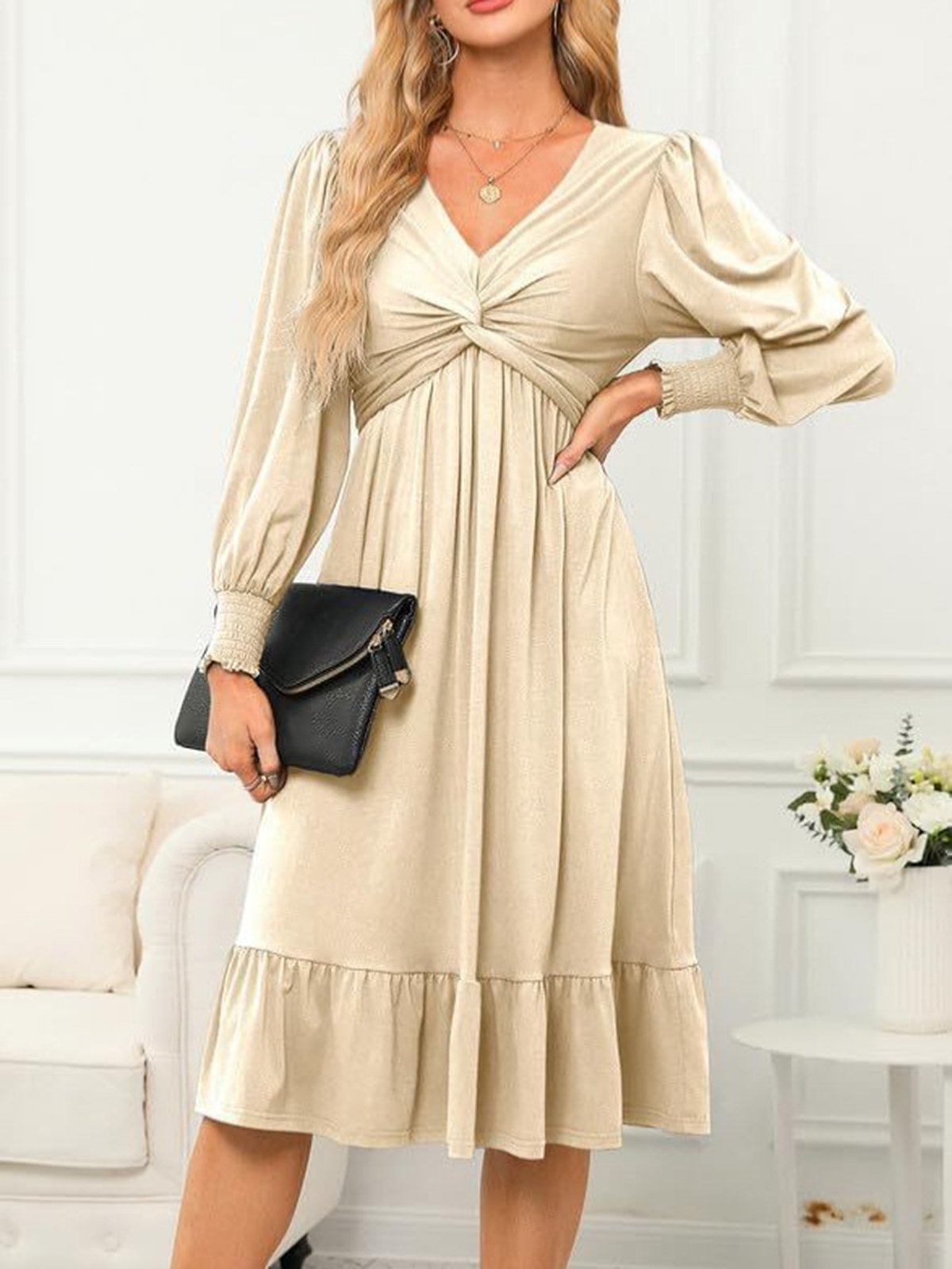 Women's Long Sleeve Spring/Fall Plain Dress V Neck Daily Going Out Casual Midi H-Line