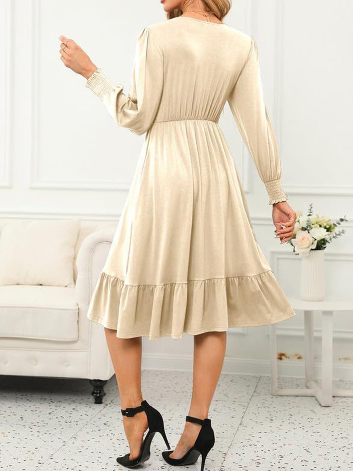 Women's Long Sleeve Spring/Fall Plain Dress V Neck Daily Going Out Casual Midi H-Line