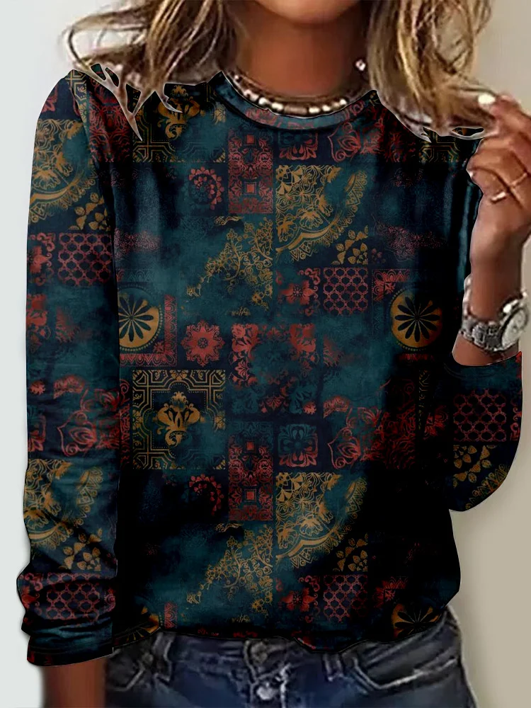 Women's Long Sleeve Tee T-shirt Spring/Fall Ethnic Jersey Crew Neck Daily Going Out Casual Top