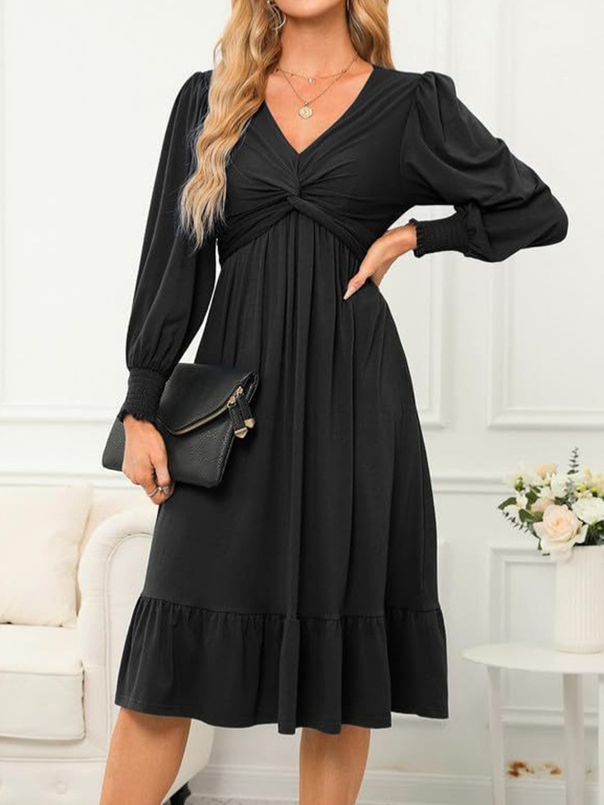 Women's Long Sleeve Spring/Fall Plain Dress V Neck Daily Going Out Casual Midi H-Line