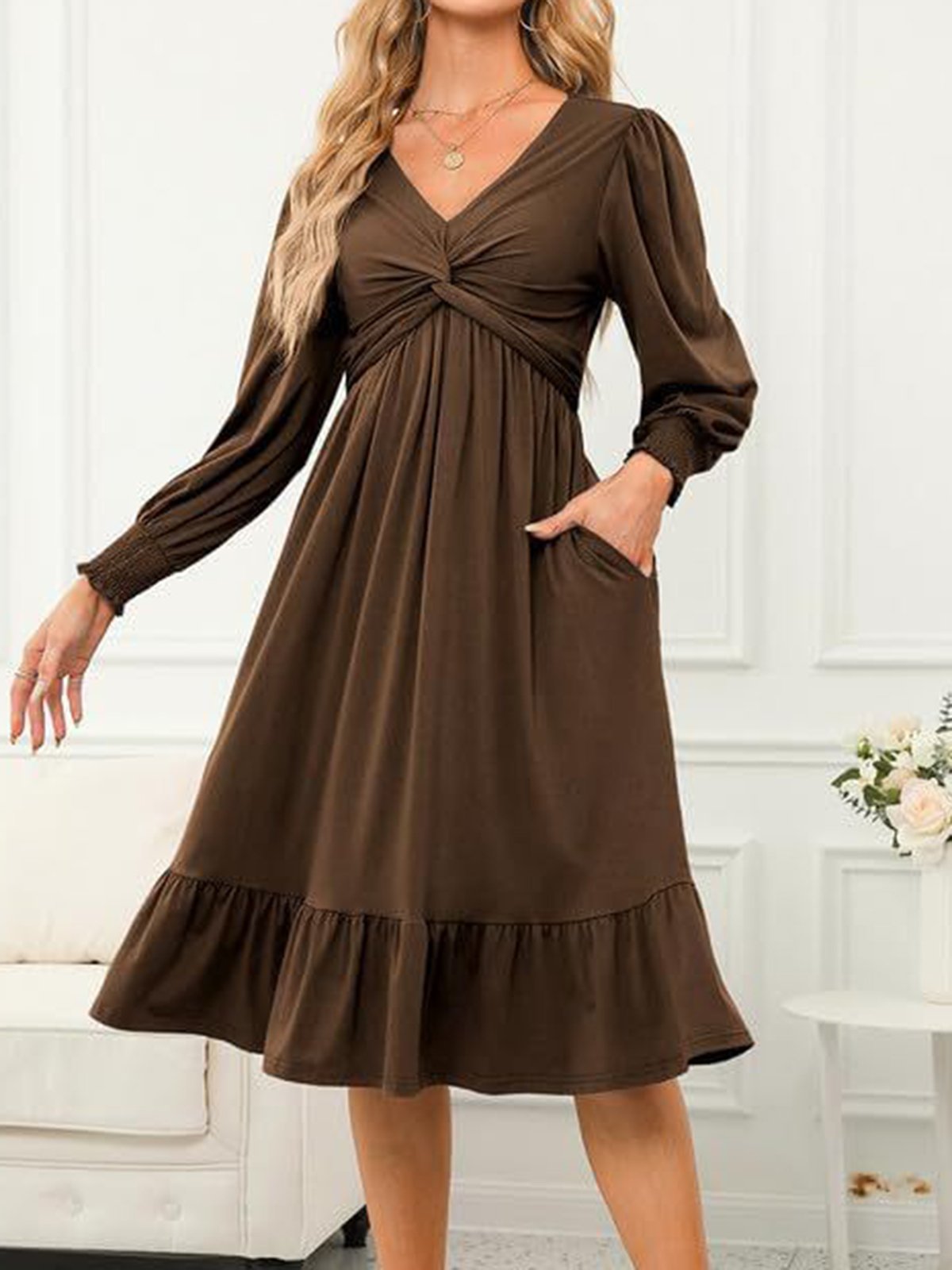 Women's Long Sleeve Spring/Fall Plain Dress V Neck Daily Going Out Casual Midi H-Line