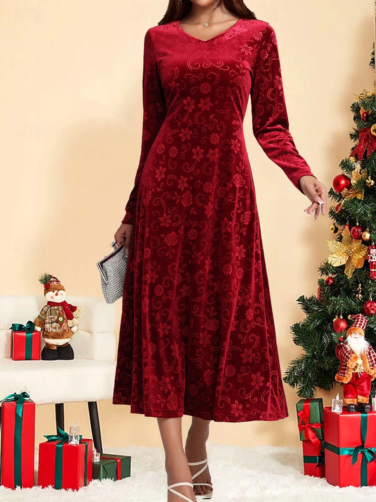 Women's Long Sleeve Spring/Fall Plain Dress V Neck Holiday Going Out Casual Maxi H-Line