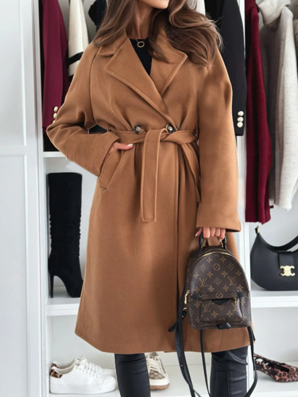 Women's Winter Outerwear Casual Buckle Plain Long Lapel Collar Overcoat