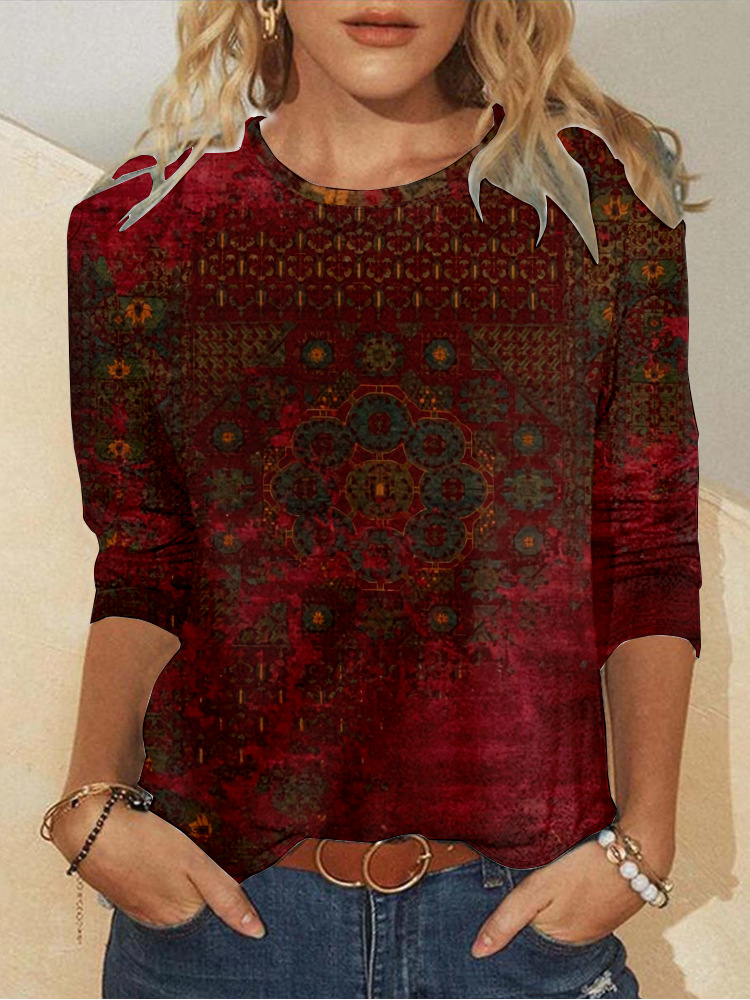 Women's Long Sleeve Tee T-shirt Spring/Fall Ethnic Jersey Crew Neck Daily Going Out Casual Top