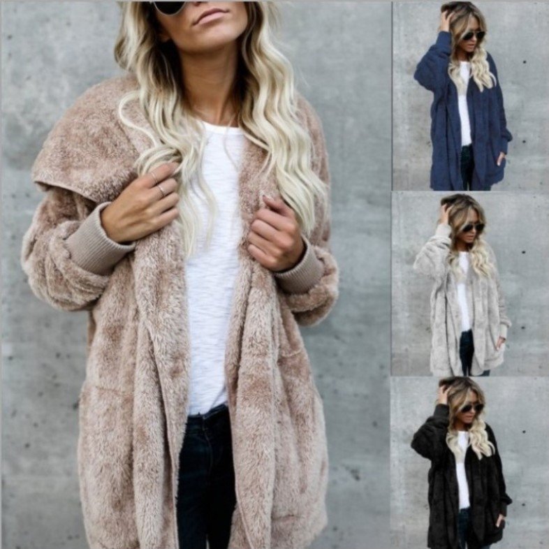 Women's Winter Outerwear Casual Plain Long Sleeve Hoodie Mid-long Faux Fur Coat