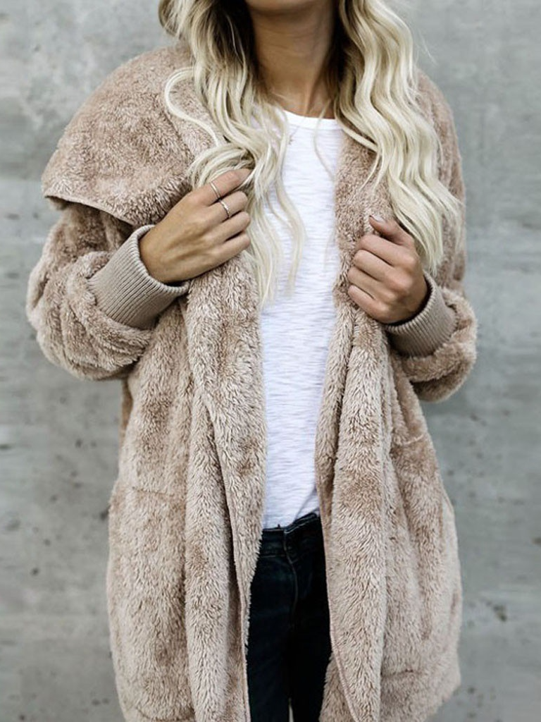 Women's Winter Outerwear Casual Plain Long Sleeve Hoodie Mid-long Faux Fur Coat