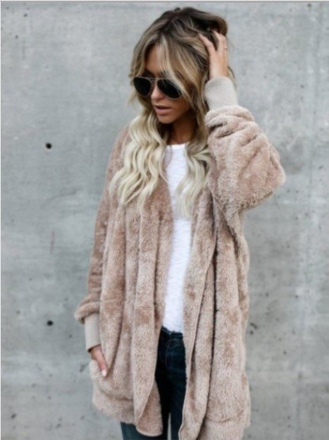 Women's Winter Outerwear Casual Plain Long Sleeve Hoodie Mid-long Faux Fur Coat