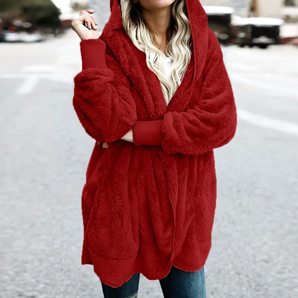 Women's Winter Outerwear Casual Plain Long Sleeve Hoodie Mid-long Faux Fur Coat