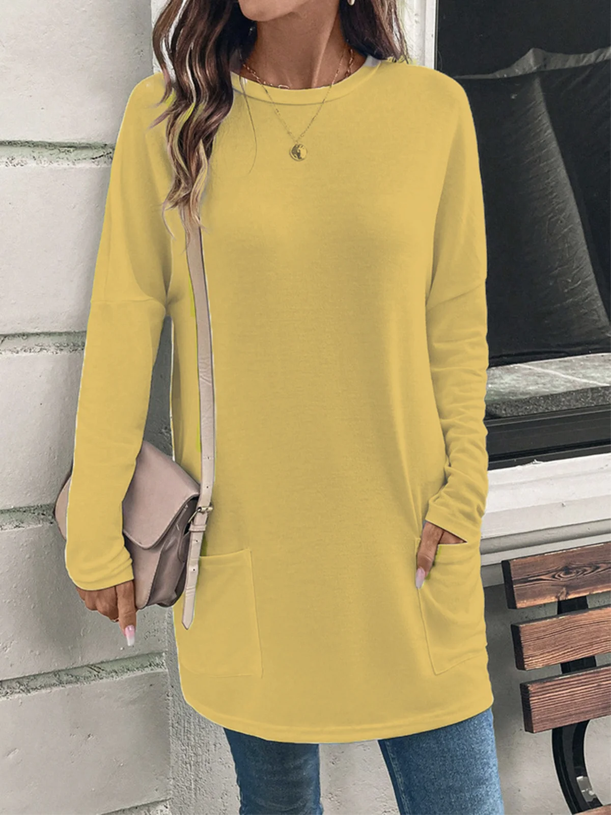 Women's Long Sleeve Blouse Spring/Fall Plain Jersey Crew Neck Daily Going Out Casual Top