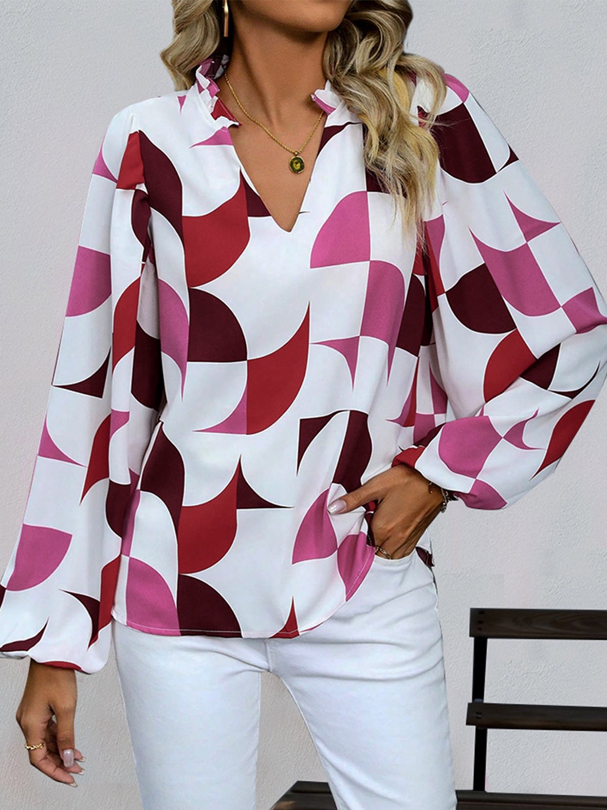 Women's Long Sleeve Blouse Spring/Fall Colorblock V Neck Daily Going Out Casual Top