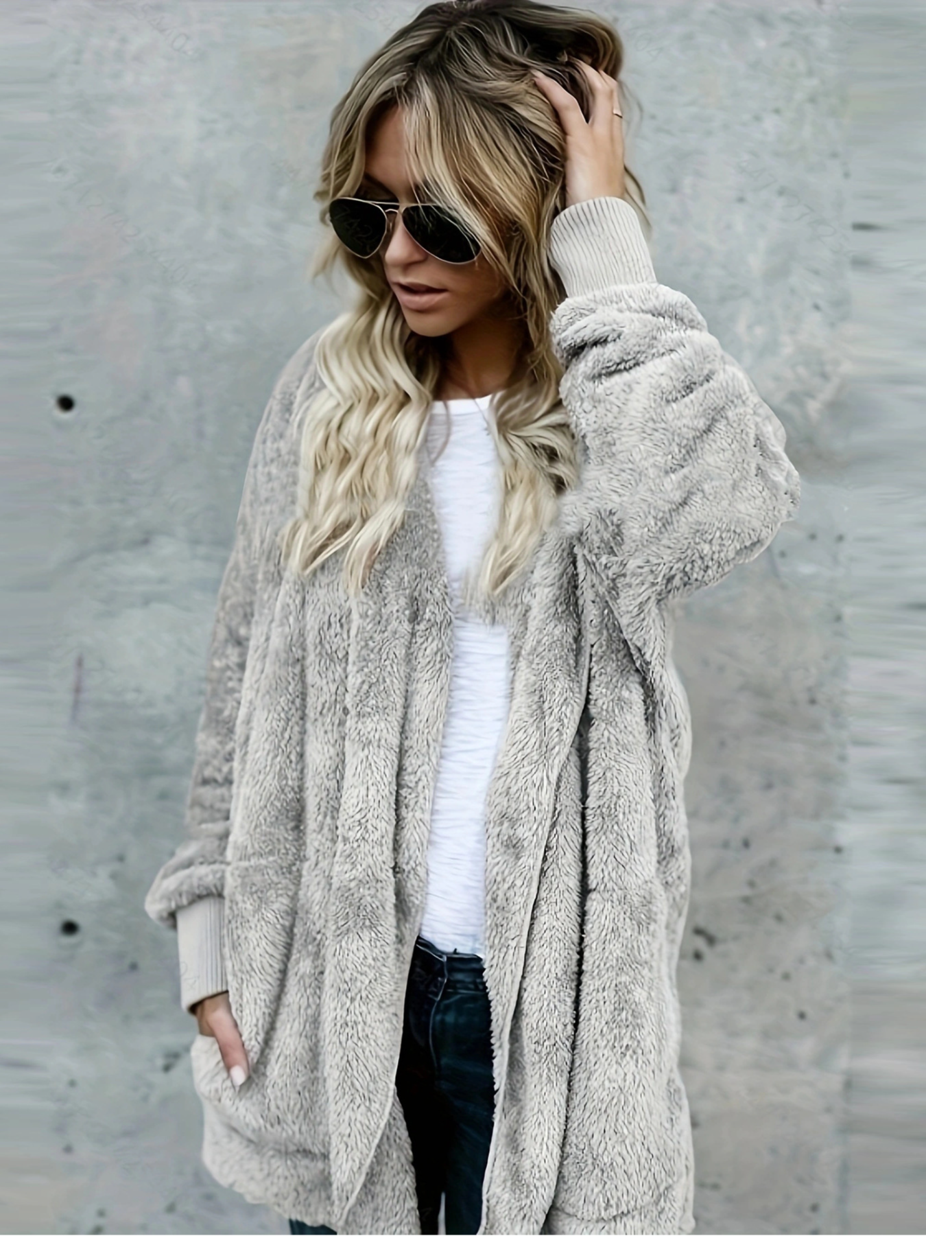 Women's Winter Outerwear Casual Plain Long Sleeve Hoodie Mid-long Faux Fur Coat