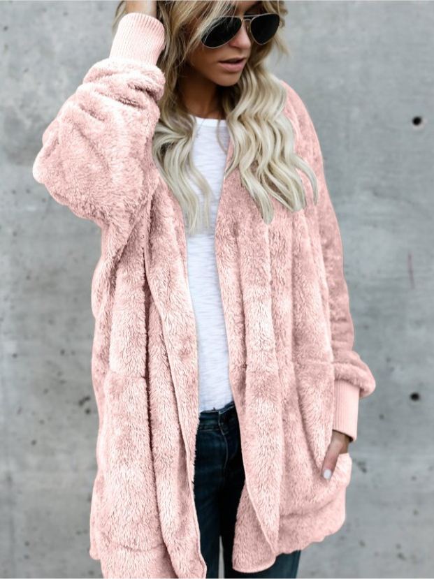 Women's Winter Outerwear Casual Plain Long Sleeve Hoodie Mid-long Faux Fur Coat