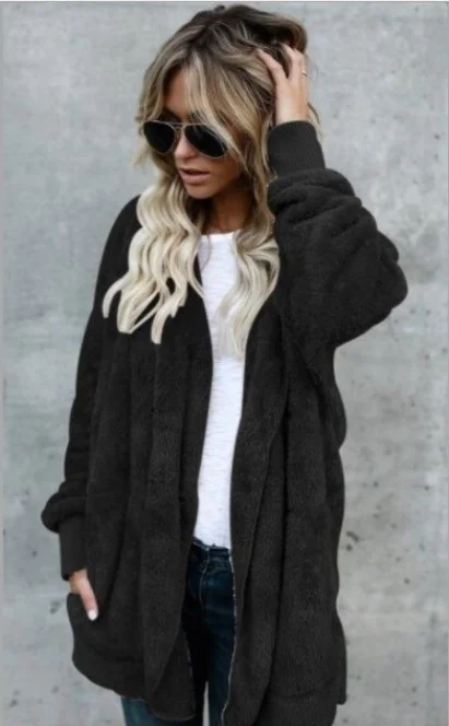 Women's Winter Outerwear Casual Plain Long Sleeve Hoodie Mid-long Faux Fur Coat