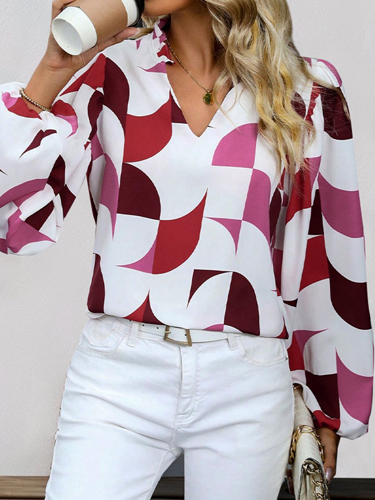 Women's Long Sleeve Blouse Spring/Fall Colorblock V Neck Daily Going Out Casual Top