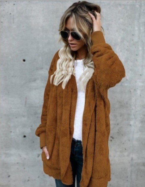 Women's Winter Outerwear Casual Plain Long Sleeve Hoodie Mid-long Faux Fur Coat