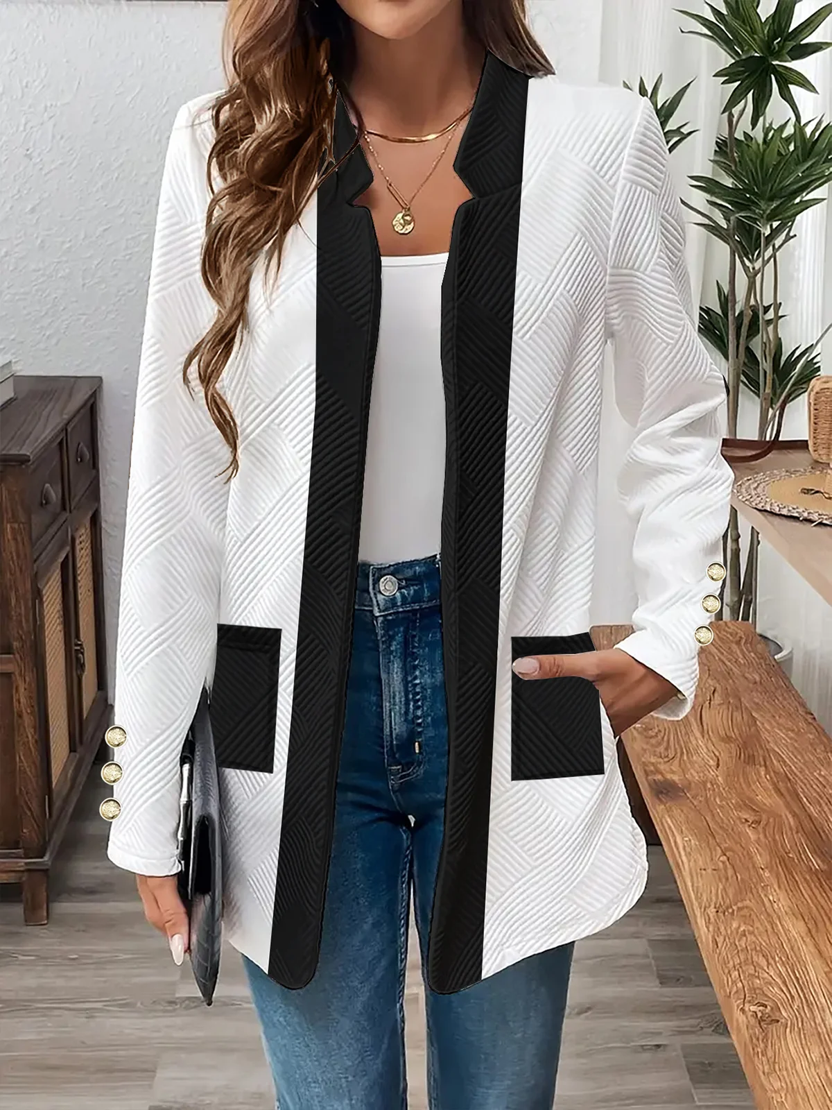 Women's Spring/Fall Outerwear Casual Pocket Stitching Color Block Long Sleeve Jacket