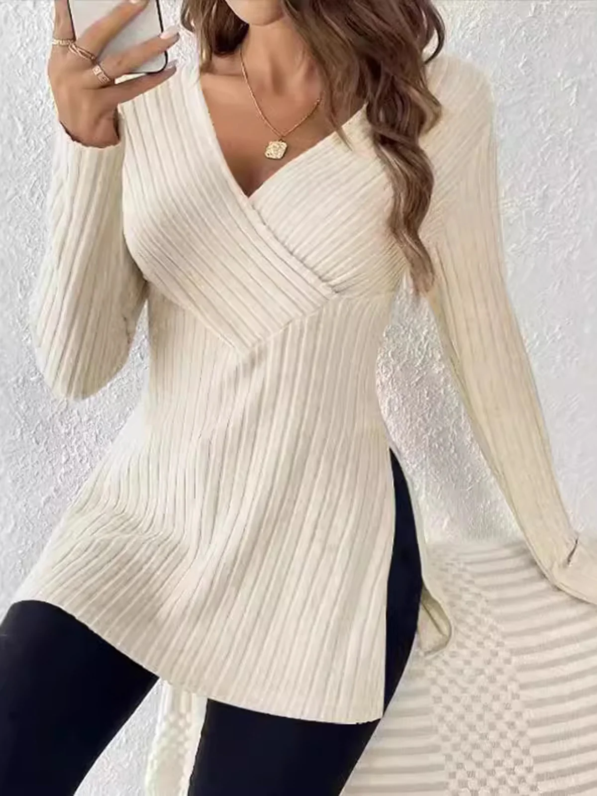 Women's Long Sleeve Blouse Spring/Fall Plain V Neck Daily Going Out Casual Top