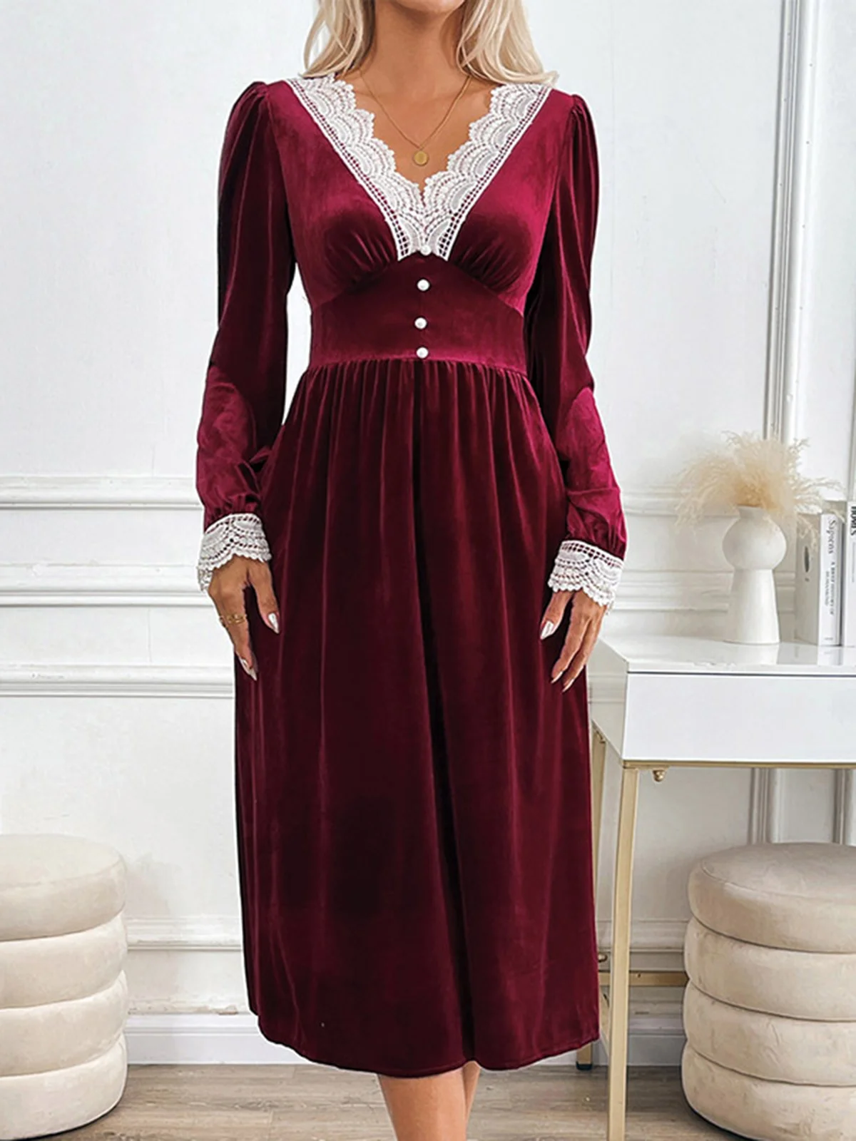 Women's Long Sleeve Spring/Fall Plain Lace Dress V Neck Holiday Going Out Casual Maxi A-Line