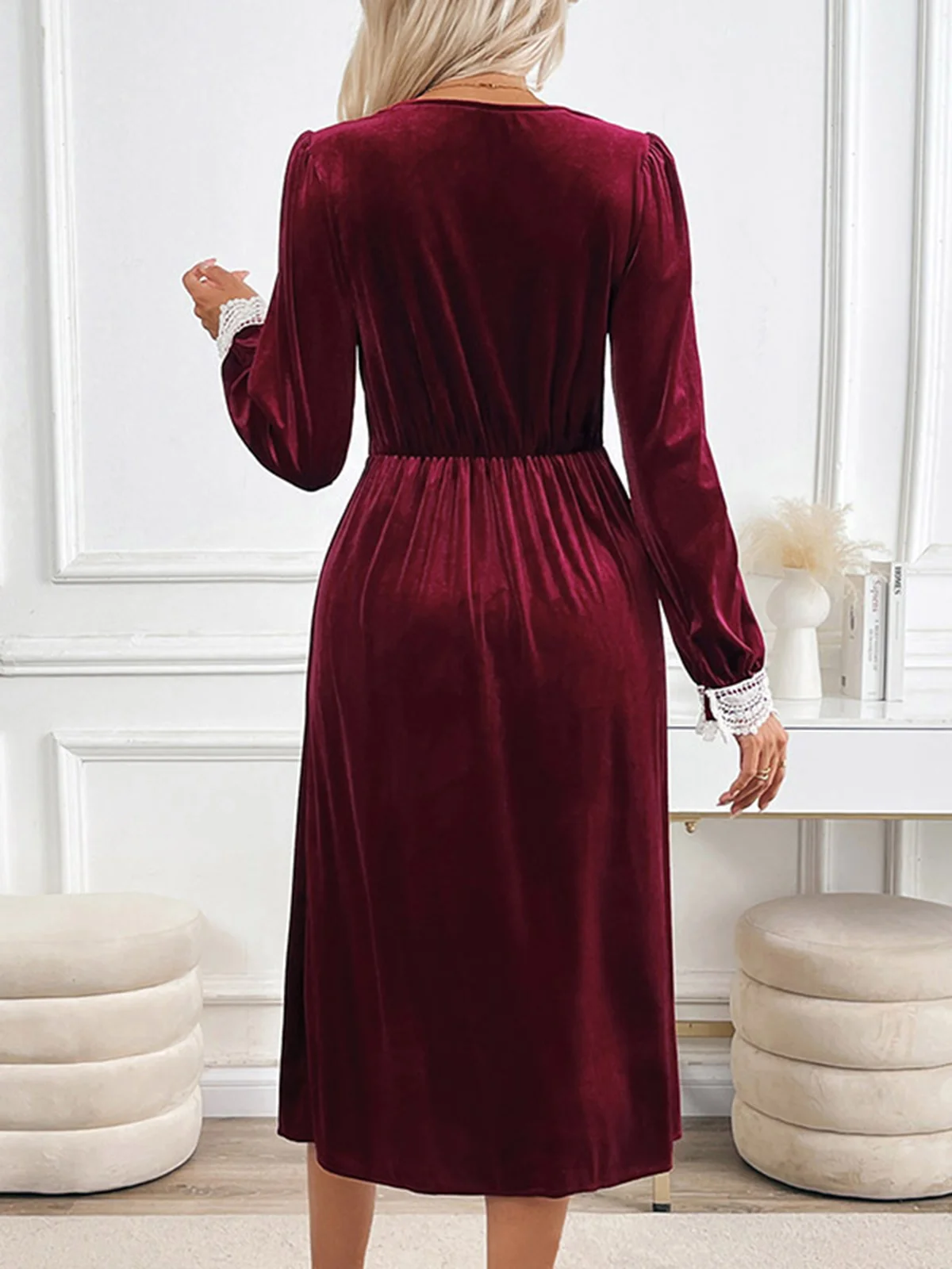 Women's Long Sleeve Spring/Fall Plain Lace Dress V Neck Holiday Going Out Casual Maxi A-Line