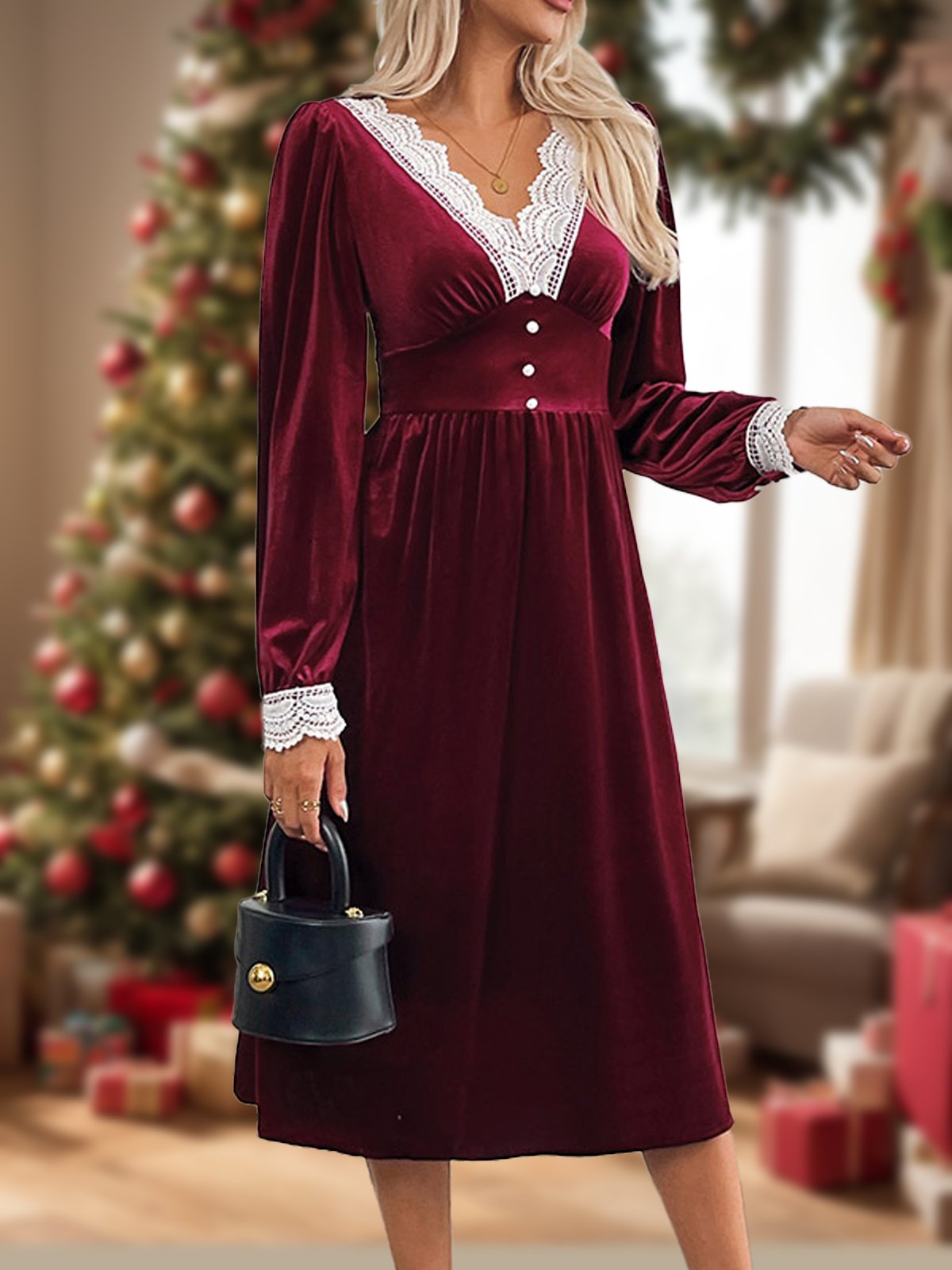 Women's Long Sleeve Spring/Fall Plain Lace Dress V Neck Holiday Going Out Casual Maxi A-Line