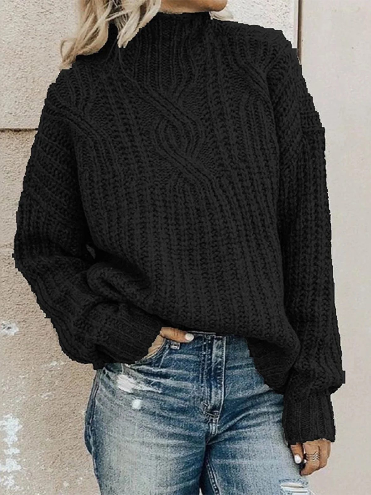 Women's Winter Plain Casual Balloon Sleeve Long Sleeve Sweater